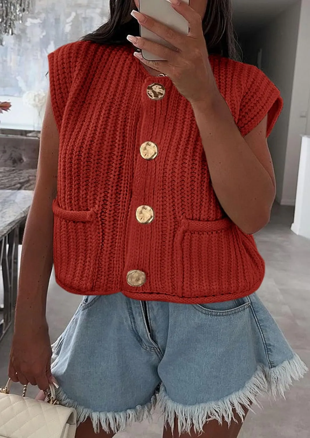 PRETTYGARDEN Women's Summer Sweaters Vest 2025 Sleeveless Button Down Cropped Pockets Chunky Knit Cardigan Trendy Tank Tops