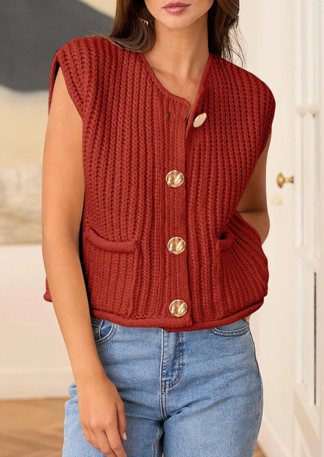 PRETTYGARDEN Women's Summer Sweaters Vest 2025 Sleeveless Button Down Cropped Pockets Chunky Knit Cardigan Trendy Tank Tops