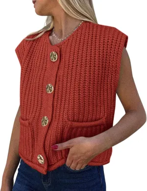 PRETTYGARDEN Women's Summer Sweaters Vest 2025 Sleeveless Button Down Cropped Pockets Chunky Knit Cardigan Trendy Tank Tops