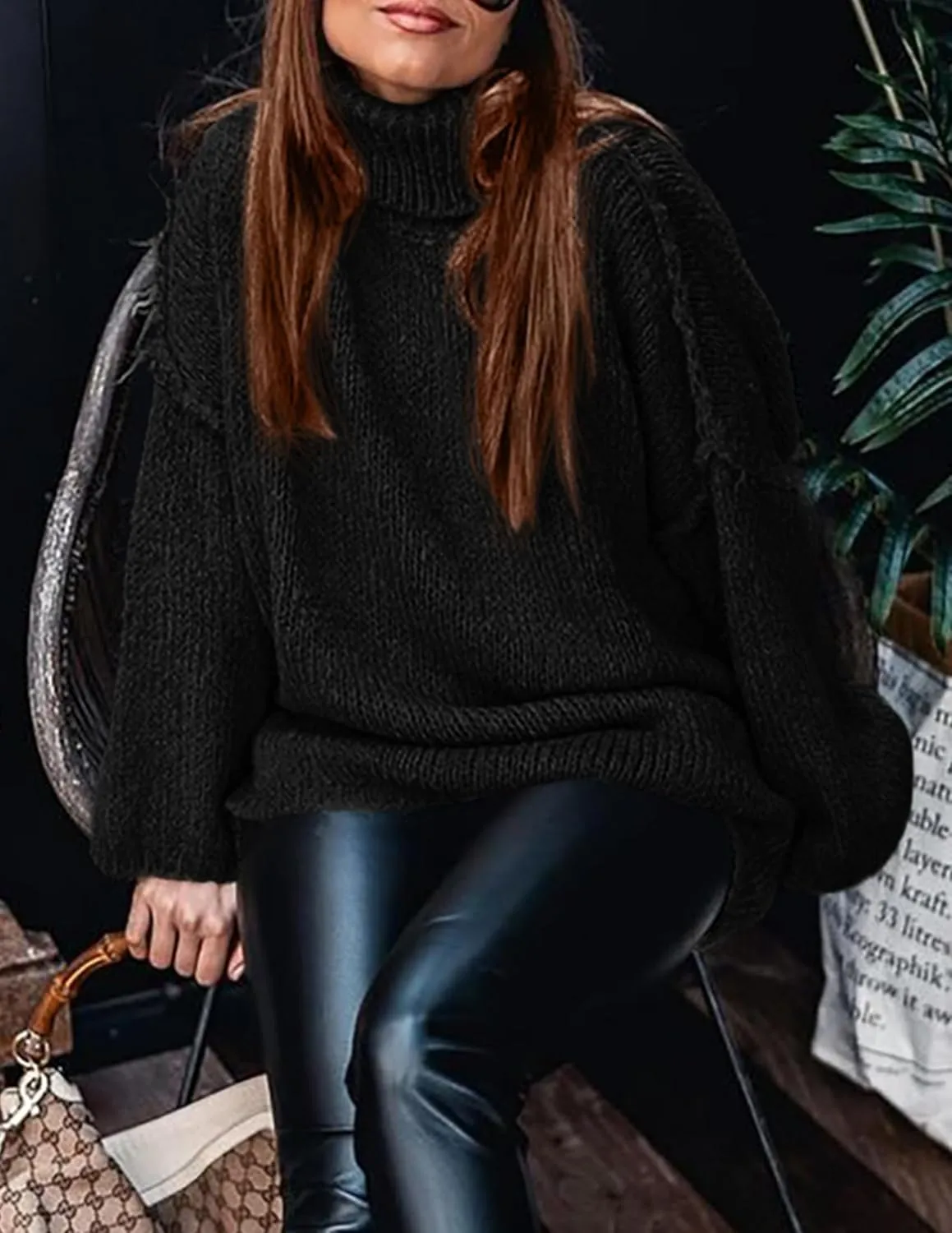 PRETTYGARDEN Women's Winter Turtleneck Oversized Sweaters Long Sleeve Chunky Knit Slouchy Pullover Sweater Tops