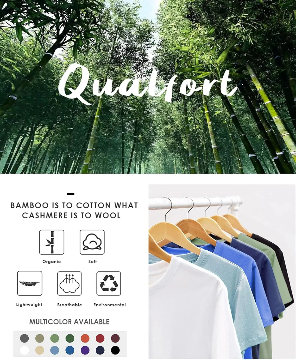 QUALFORT Men's Bamboo Viscose T-Shirts Crewneck Undershirt