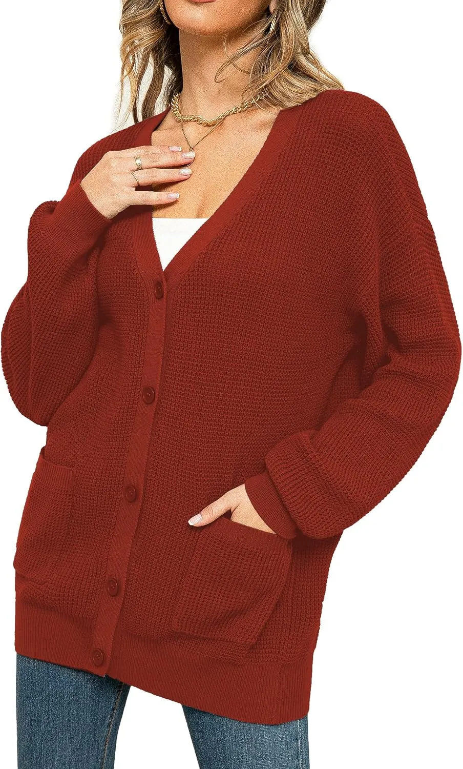 QUALFORT Women's 100% Cotton Cardigan Sweaters for Women Button Down Oversized Knit Outerwear with Pockets