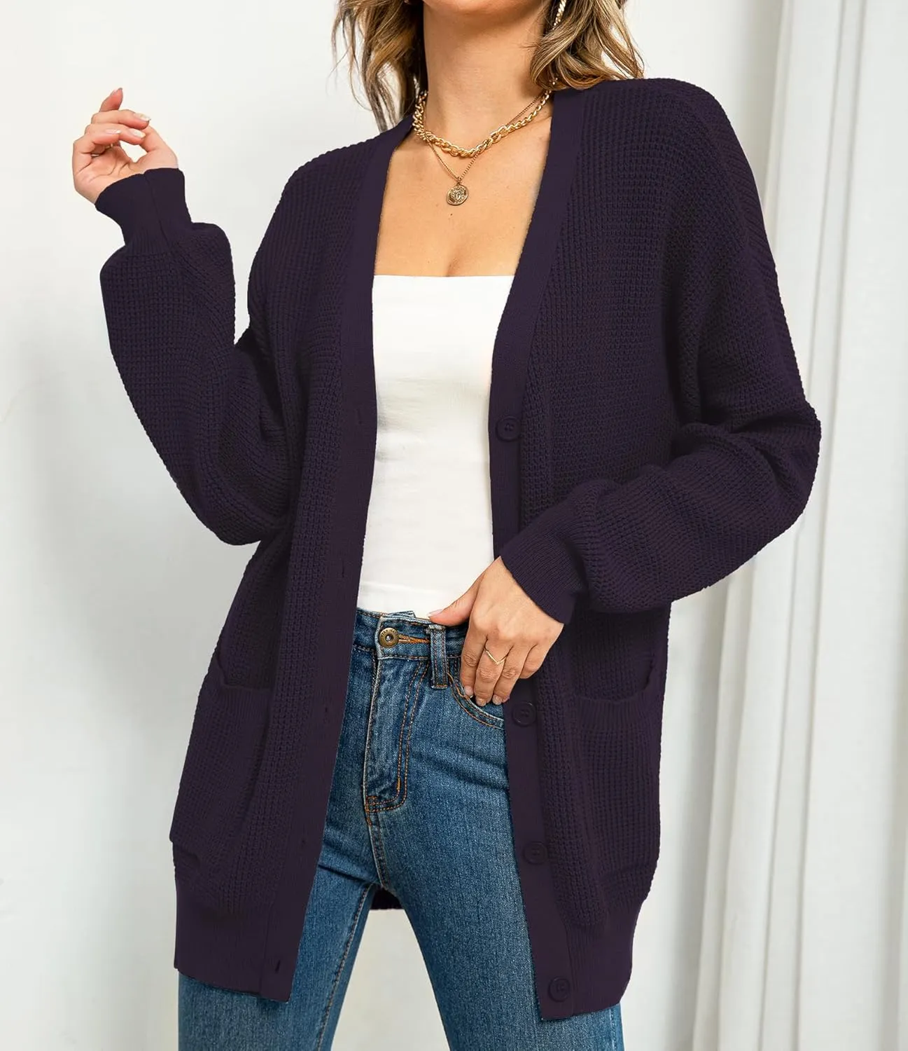 QUALFORT Women's 100% Cotton Cardigan Sweaters for Women Button Down Oversized Knit Outerwear with Pockets
