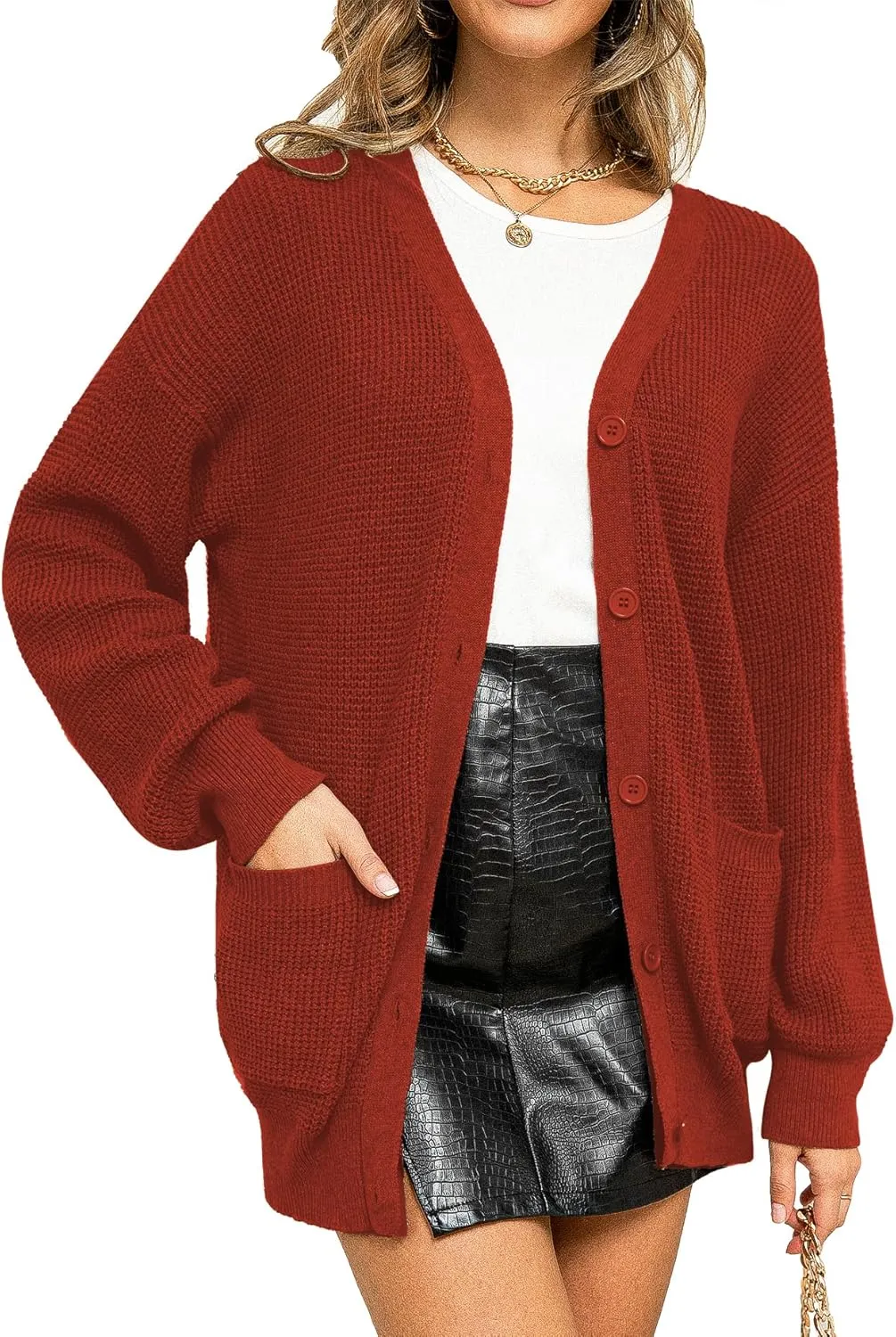 QUALFORT Women's 100% Cotton Cardigan Sweaters for Women Button Down Oversized Knit Outerwear with Pockets
