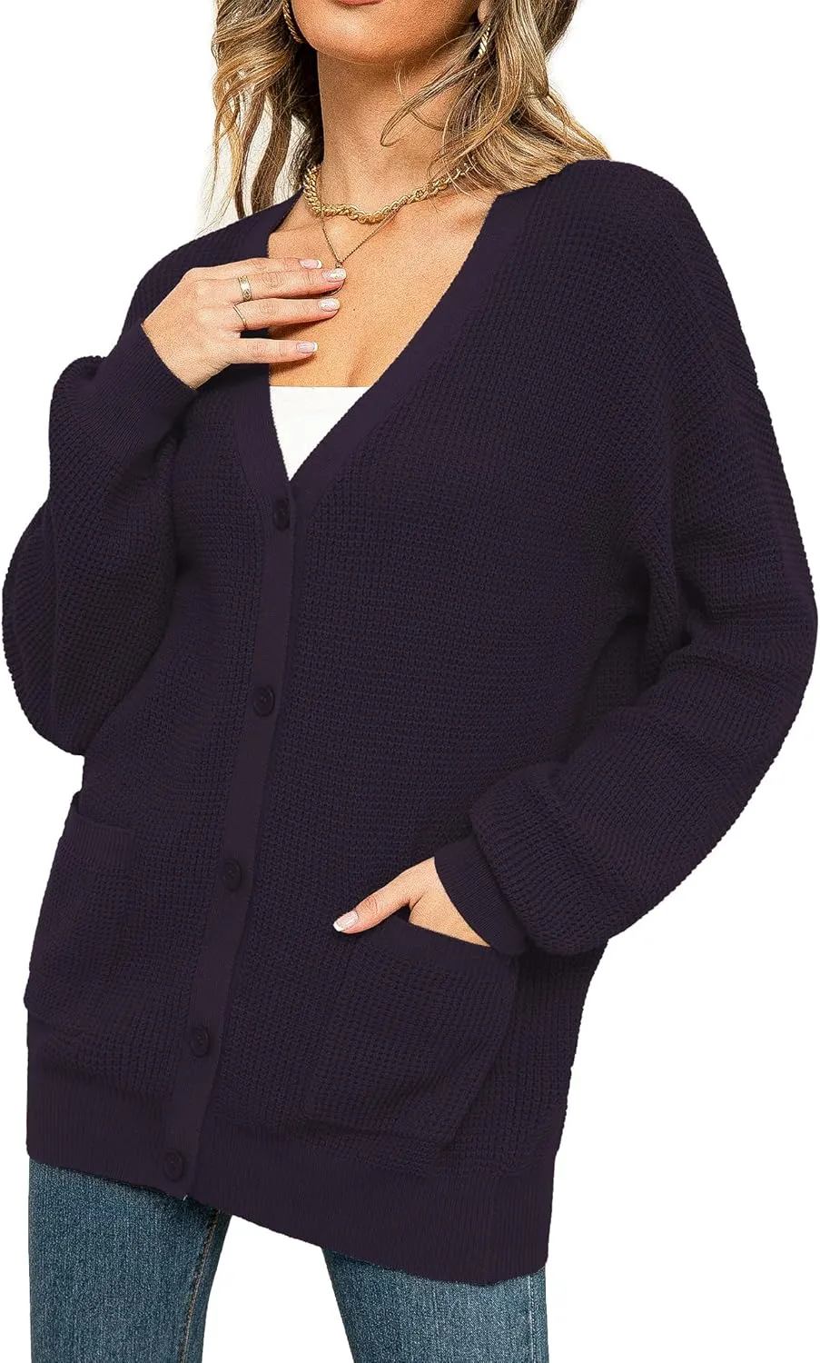 QUALFORT Women's 100% Cotton Cardigan Sweaters for Women Button Down Oversized Knit Outerwear with Pockets