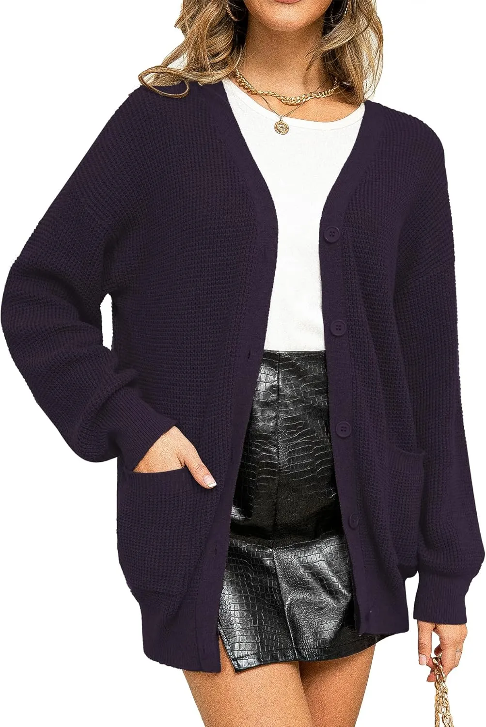QUALFORT Women's 100% Cotton Cardigan Sweaters for Women Button Down Oversized Knit Outerwear with Pockets