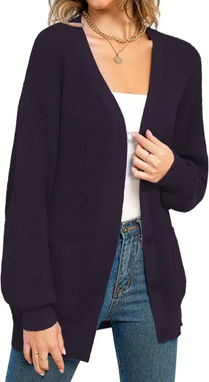 QUALFORT Women's 100% Cotton Cardigan Sweaters for Women Button Down Oversized Knit Outerwear with Pockets