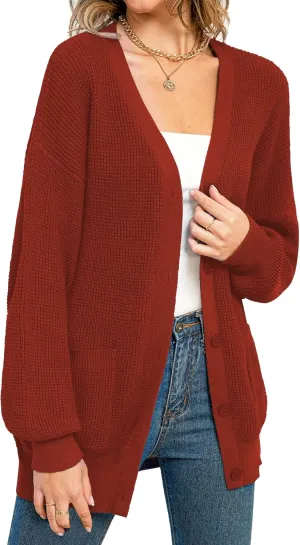 QUALFORT Women's 100% Cotton Cardigan Sweaters for Women Button Down Oversized Knit Outerwear with Pockets