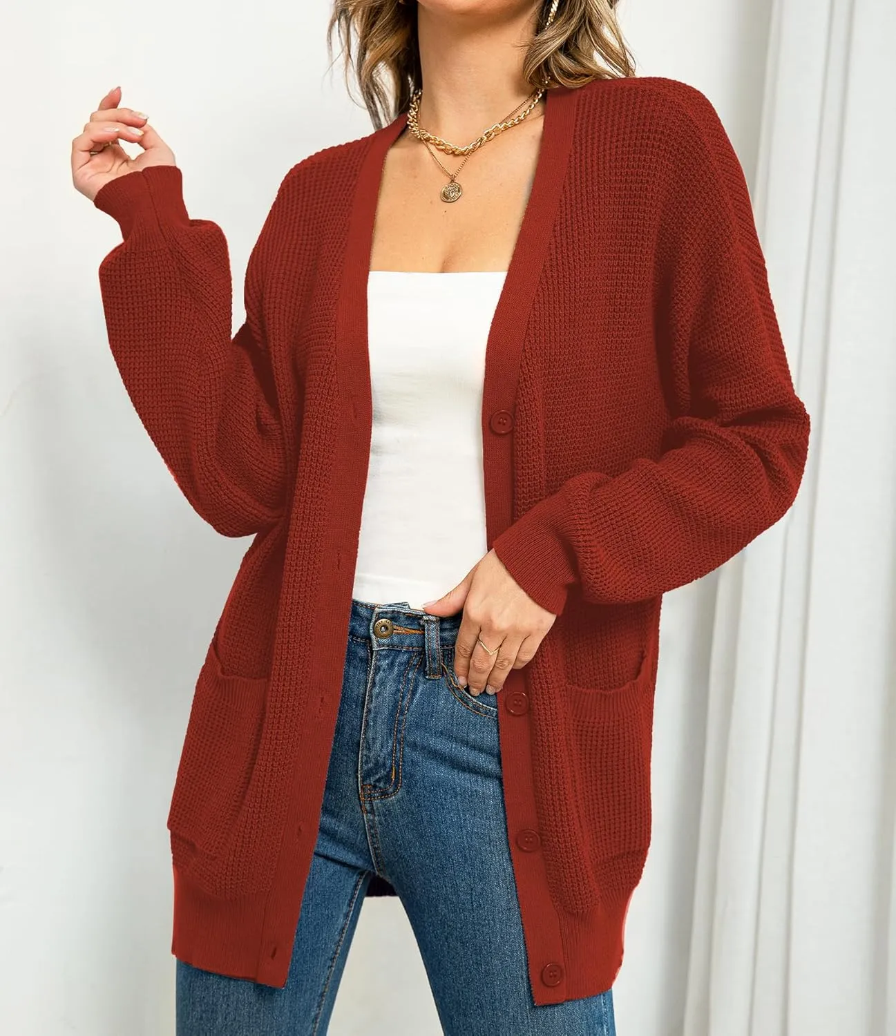 QUALFORT Women's 100% Cotton Cardigan Sweaters for Women Button Down Oversized Knit Outerwear with Pockets