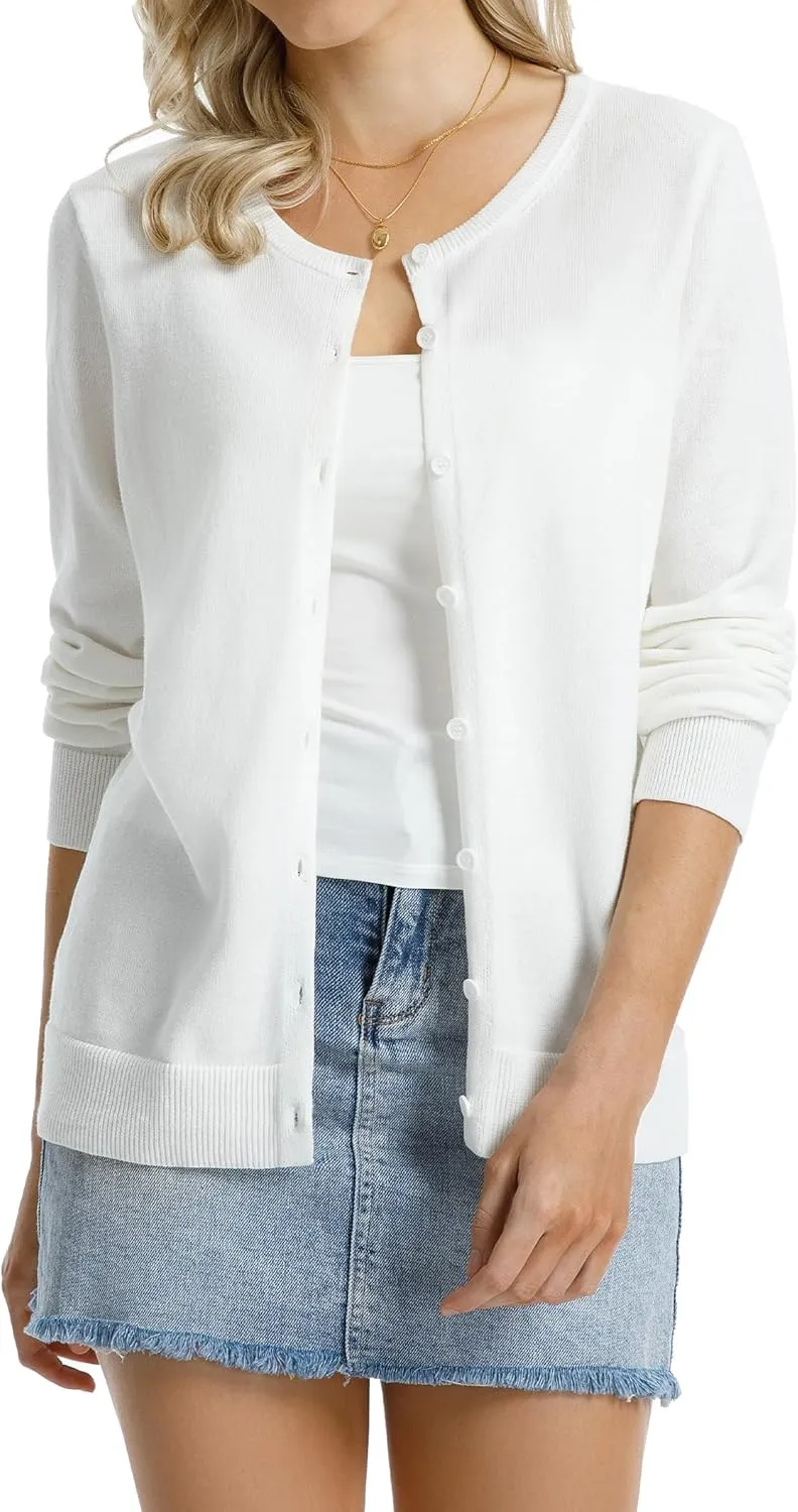 QUALFORT Women's 100% Cotton Lightweight Cardigans Long Sleeve Knitted Button Down Sweater