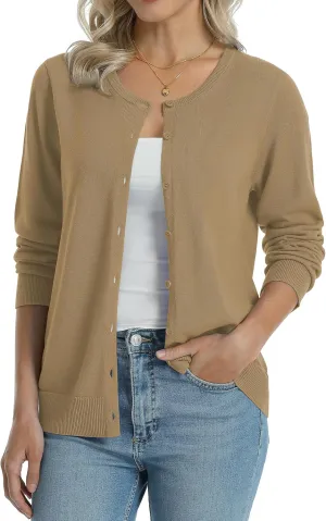 QUALFORT Women's 100% Cotton Lightweight Cardigans Long Sleeve Knitted Button Down Sweater