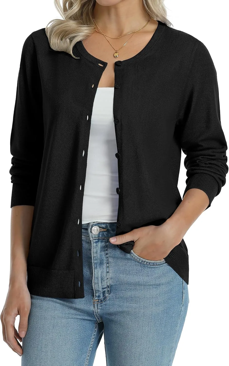 QUALFORT Women's 100% Cotton Lightweight Cardigans Long Sleeve Knitted Button Down Sweater