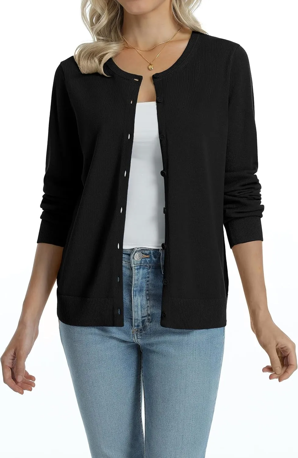 QUALFORT Women's 100% Cotton Lightweight Cardigans Long Sleeve Knitted Button Down Sweater