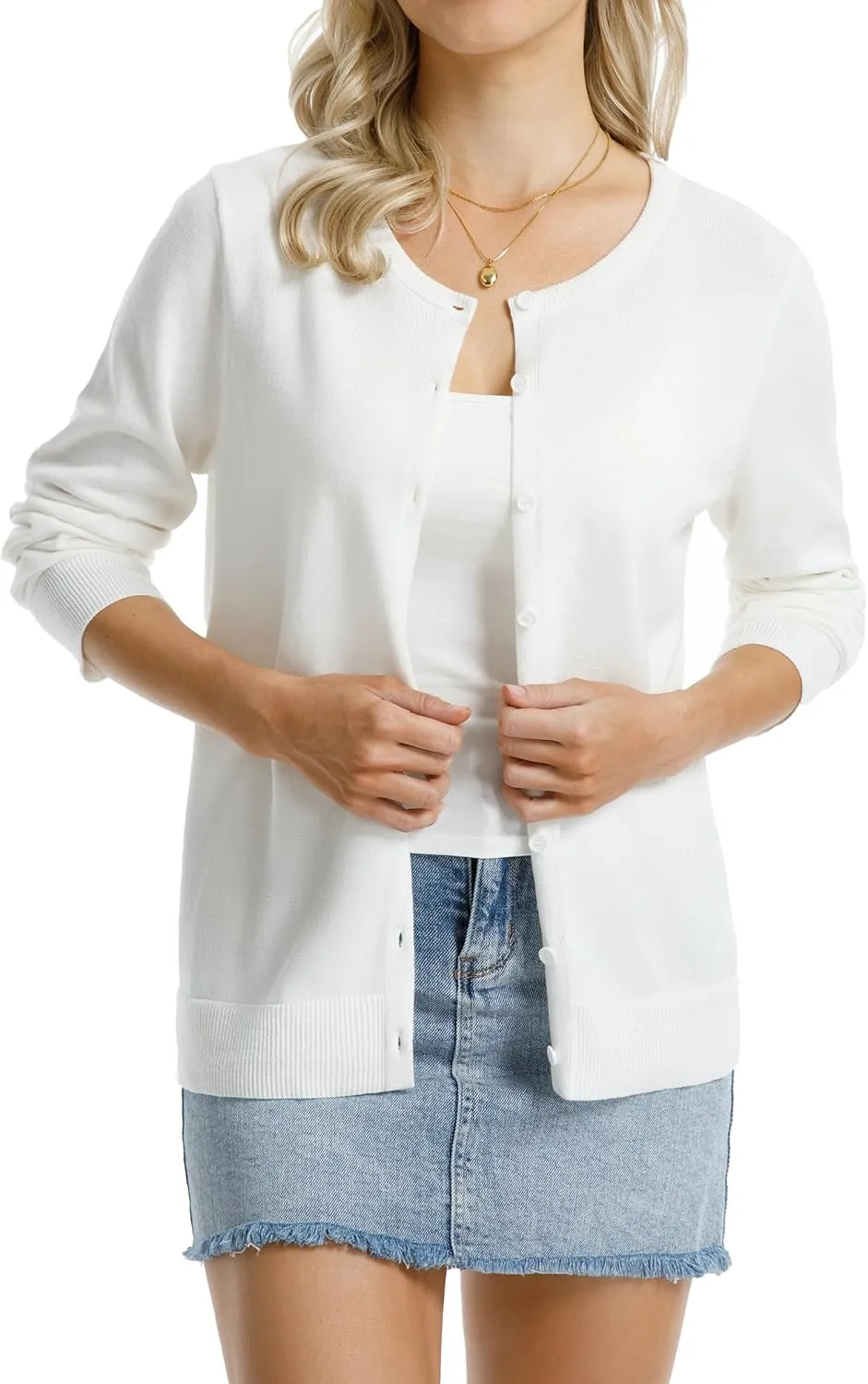 QUALFORT Women's 100% Cotton Lightweight Cardigans Long Sleeve Knitted Button Down Sweater