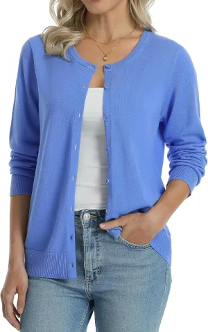 QUALFORT Women's 100% Cotton Lightweight Cardigans Long Sleeve Knitted Button Down Sweater