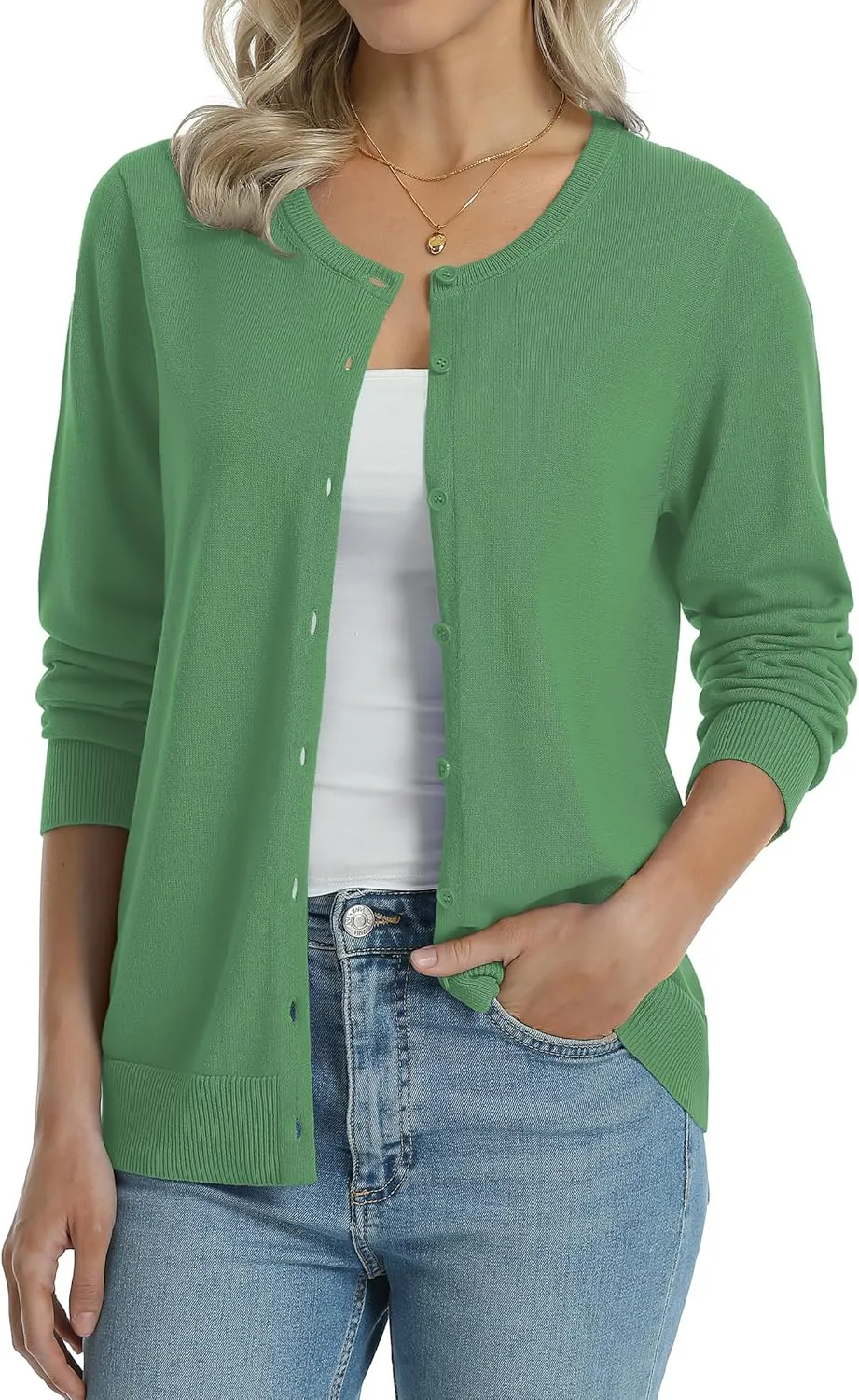 QUALFORT Women's 100% Cotton Lightweight Cardigans Long Sleeve Knitted Button Down Sweater