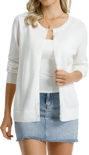 QUALFORT Women's 100% Cotton Lightweight Cardigans Long Sleeve Knitted Button Down Sweater