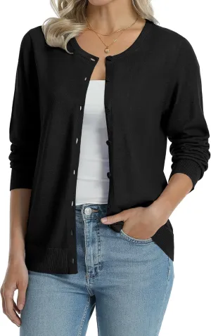 QUALFORT Women's 100% Cotton Lightweight Cardigans Long Sleeve Knitted Button Down Sweater