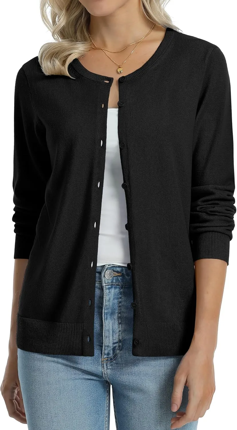 QUALFORT Women's 100% Cotton Lightweight Cardigans Long Sleeve Knitted Button Down Sweater