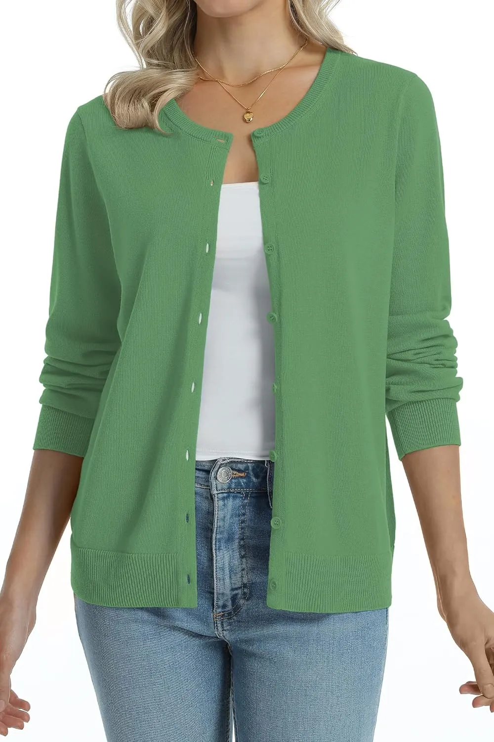 QUALFORT Women's 100% Cotton Lightweight Cardigans Long Sleeve Knitted Button Down Sweater