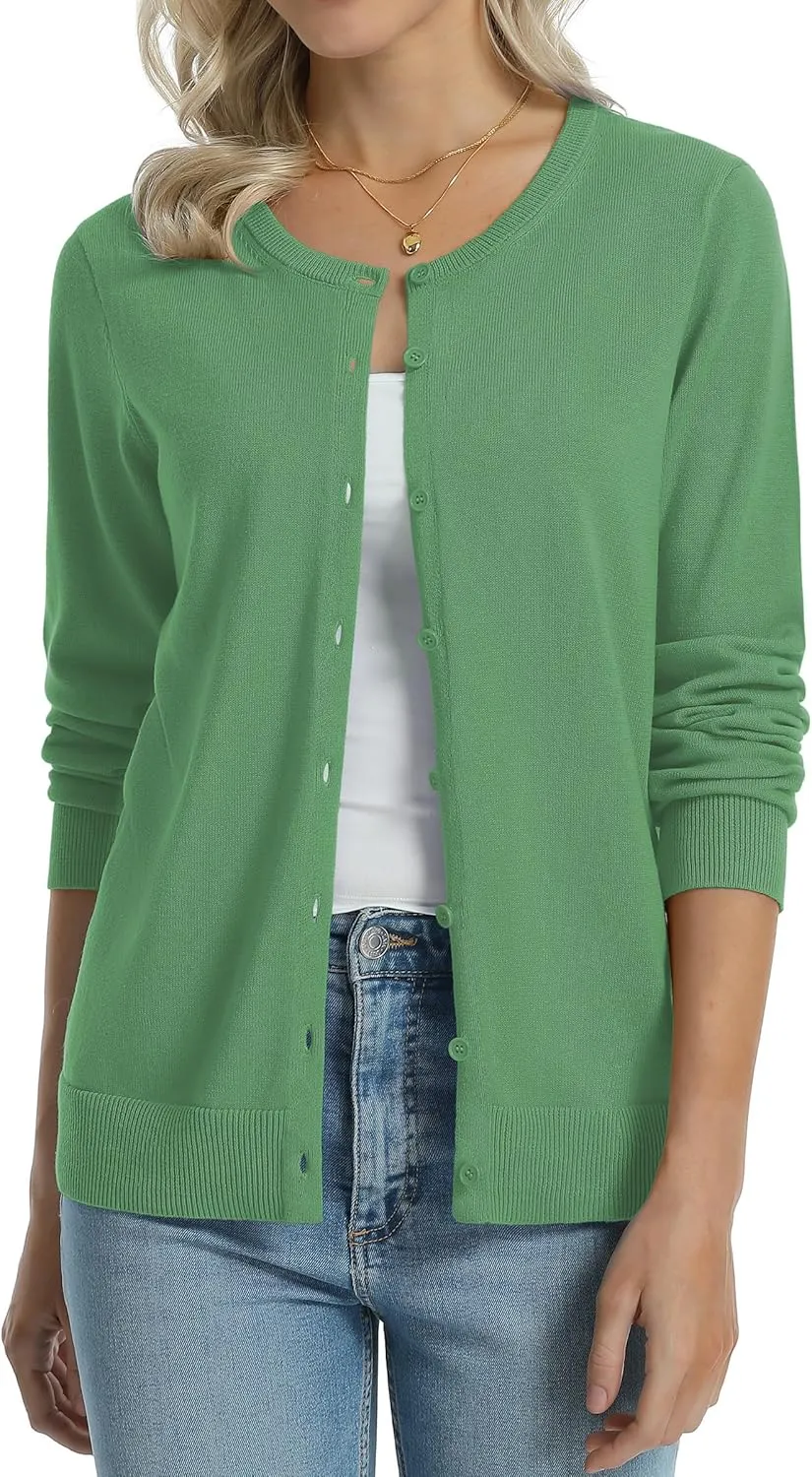QUALFORT Women's 100% Cotton Lightweight Cardigans Long Sleeve Knitted Button Down Sweater