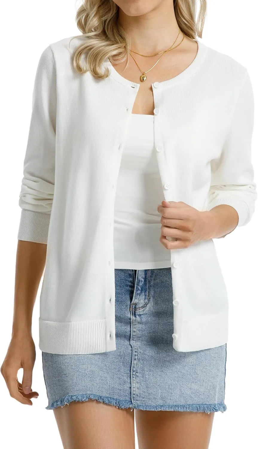 QUALFORT Women's 100% Cotton Lightweight Cardigans Long Sleeve Knitted Button Down Sweater
