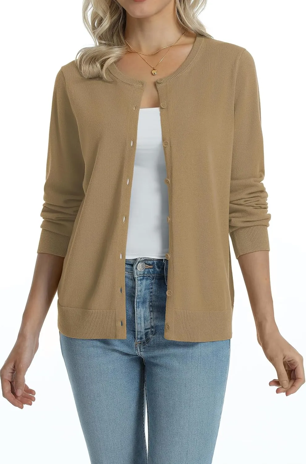 QUALFORT Women's 100% Cotton Lightweight Cardigans Long Sleeve Knitted Button Down Sweater
