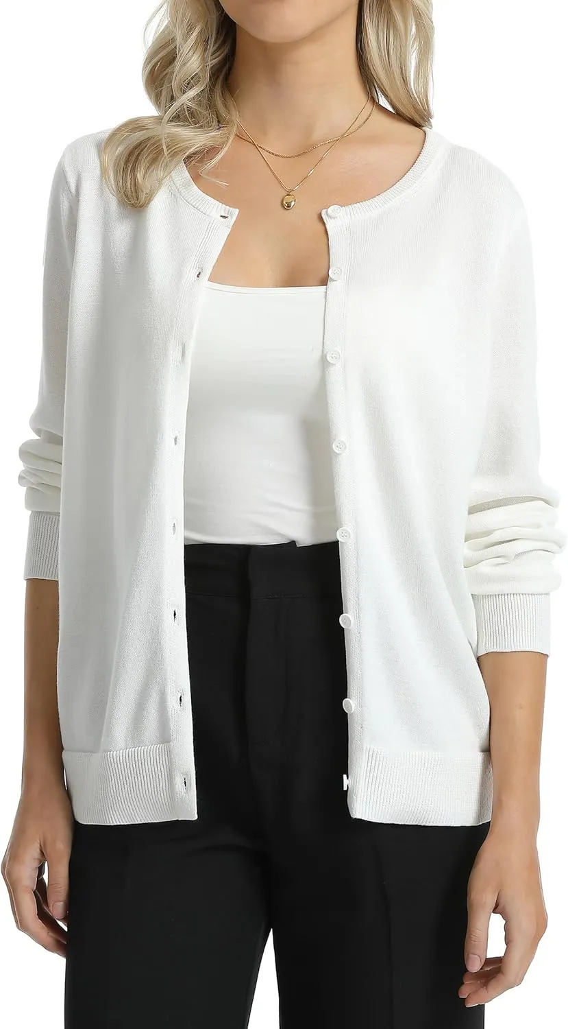 QUALFORT Women's 100% Cotton Lightweight Cardigans Long Sleeve Knitted Button Down Sweater