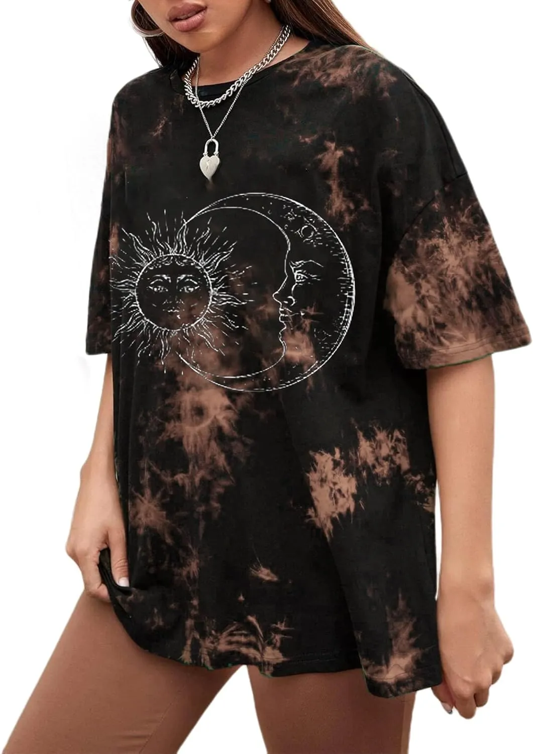 Remidoo Women's Casual Crewneck Short Sleeve Sun and Moon Print Tie Dye Oversized Graphic Top T-Shirt