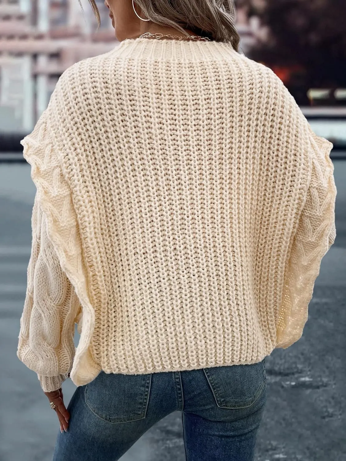 RFME Sweaters for Women Cable Knit Drop Shoulder Sweater Sweaters (Color : Beige, Size : Large)
