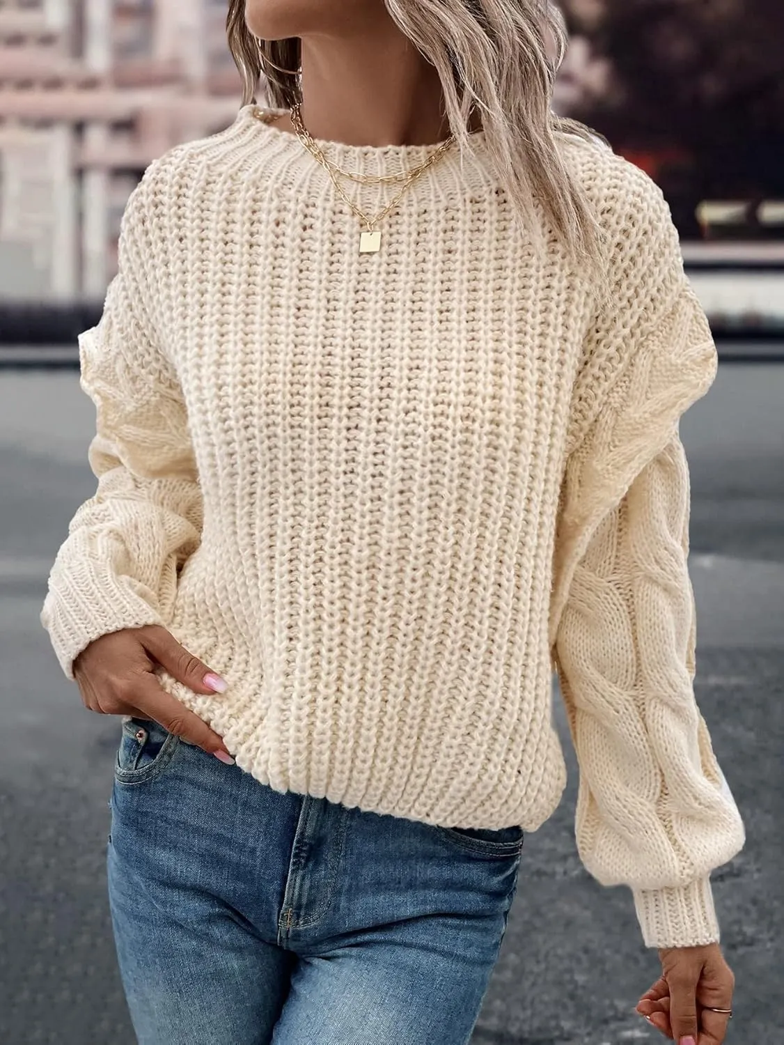 RFME Sweaters for Women Cable Knit Drop Shoulder Sweater Sweaters (Color : Beige, Size : Large)