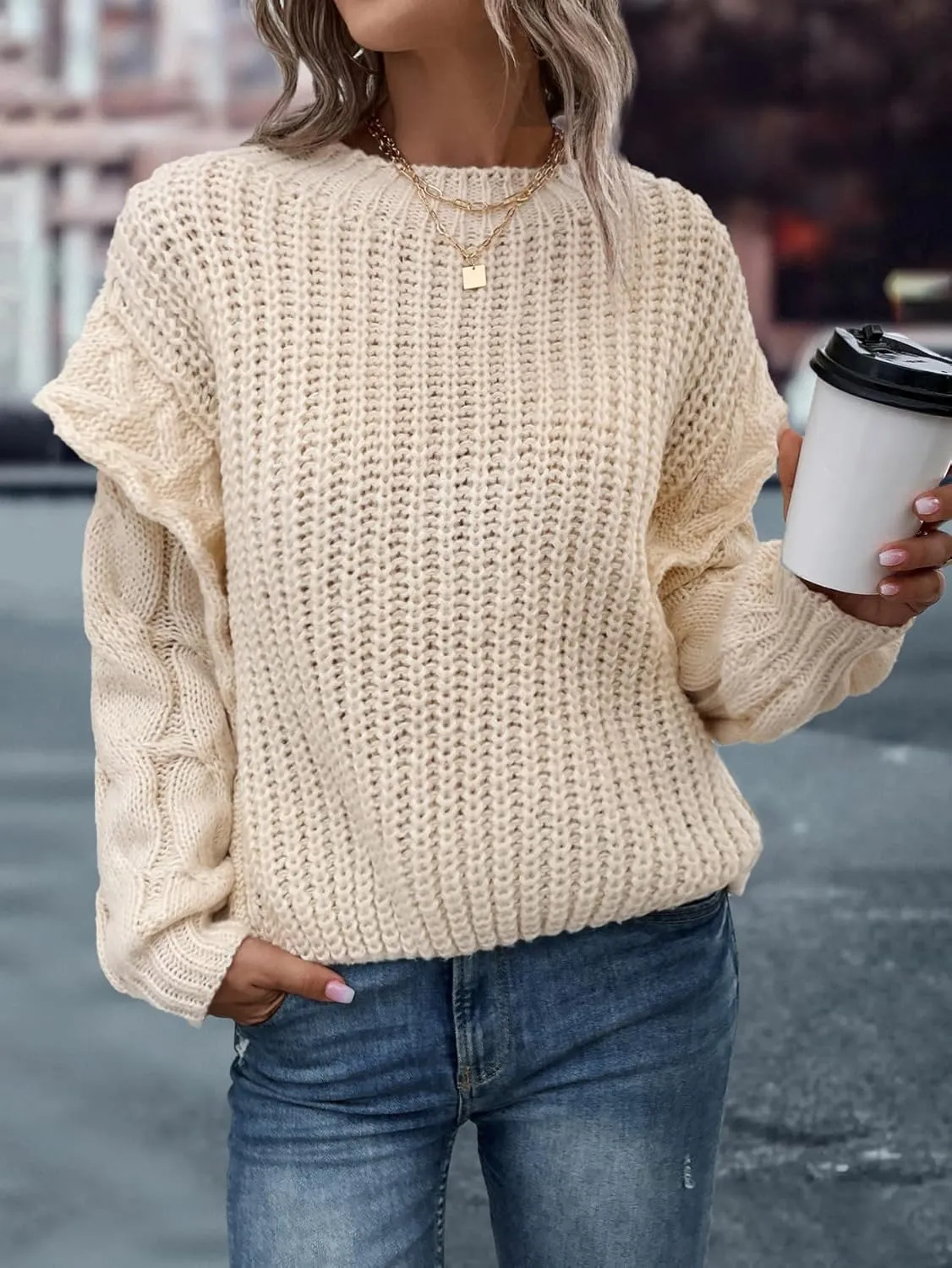 RFME Sweaters for Women Cable Knit Drop Shoulder Sweater Sweaters (Color : Beige, Size : Large)