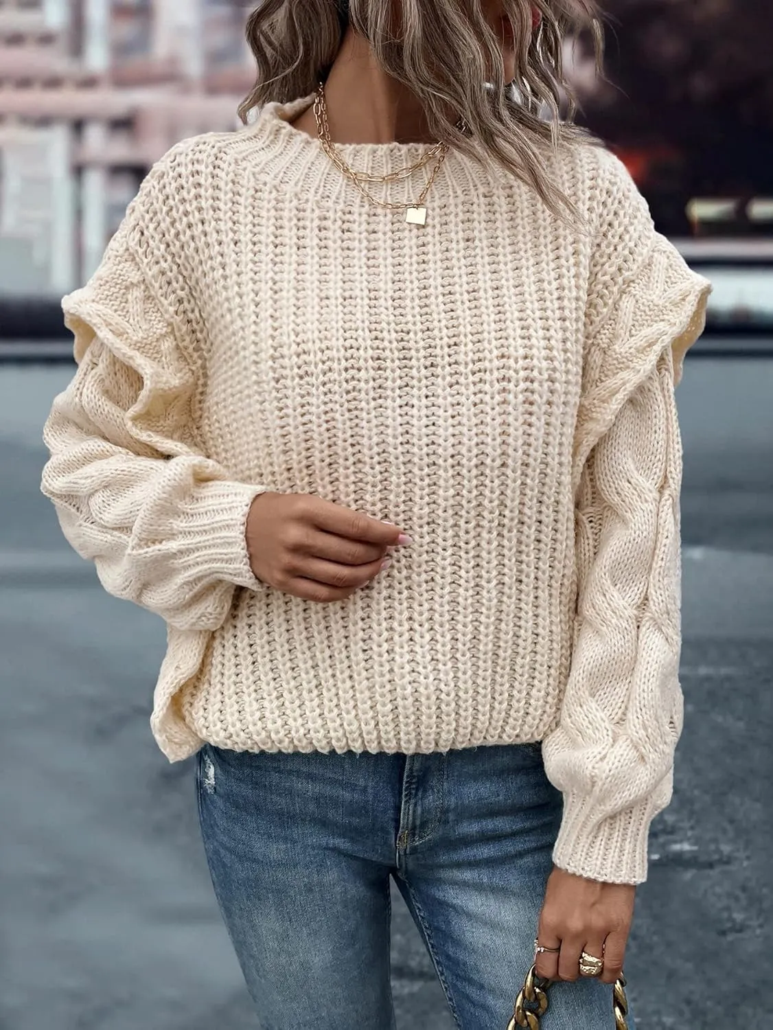 RFME Sweaters for Women Cable Knit Drop Shoulder Sweater Sweaters (Color : Beige, Size : Large)