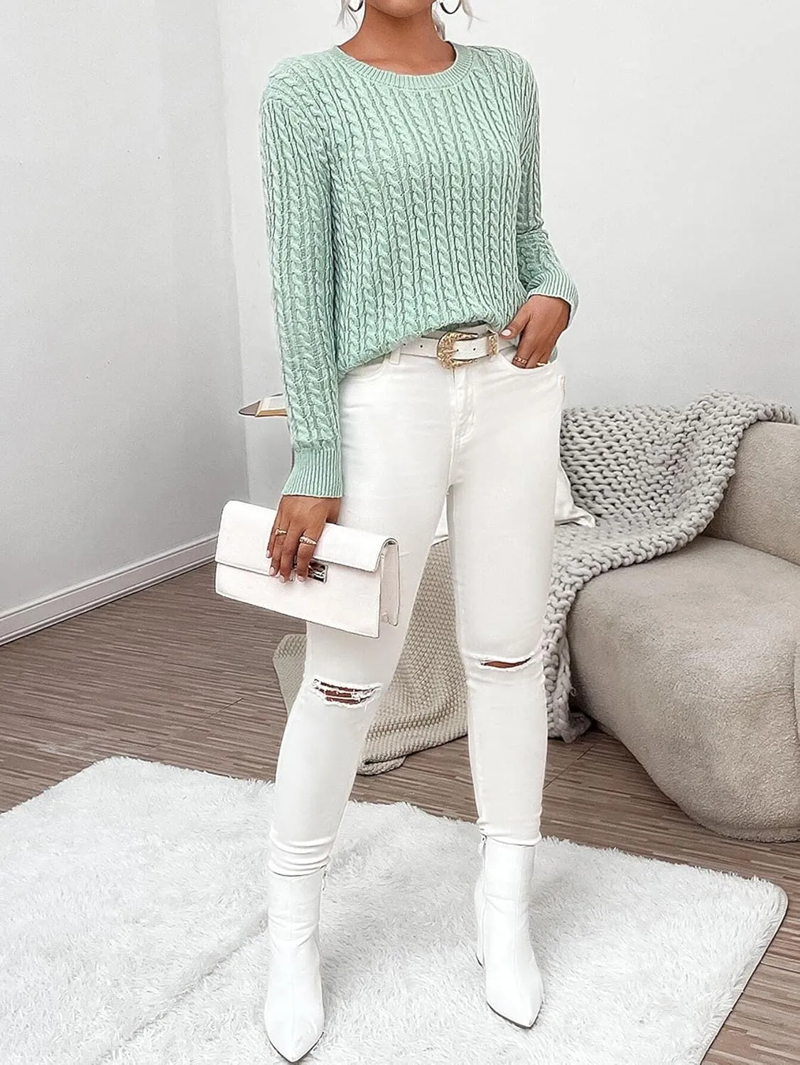 RFME Sweaters for Women Solid Cable Knit Sweater Sweaters (Color : Mint Green, Size : Medium)