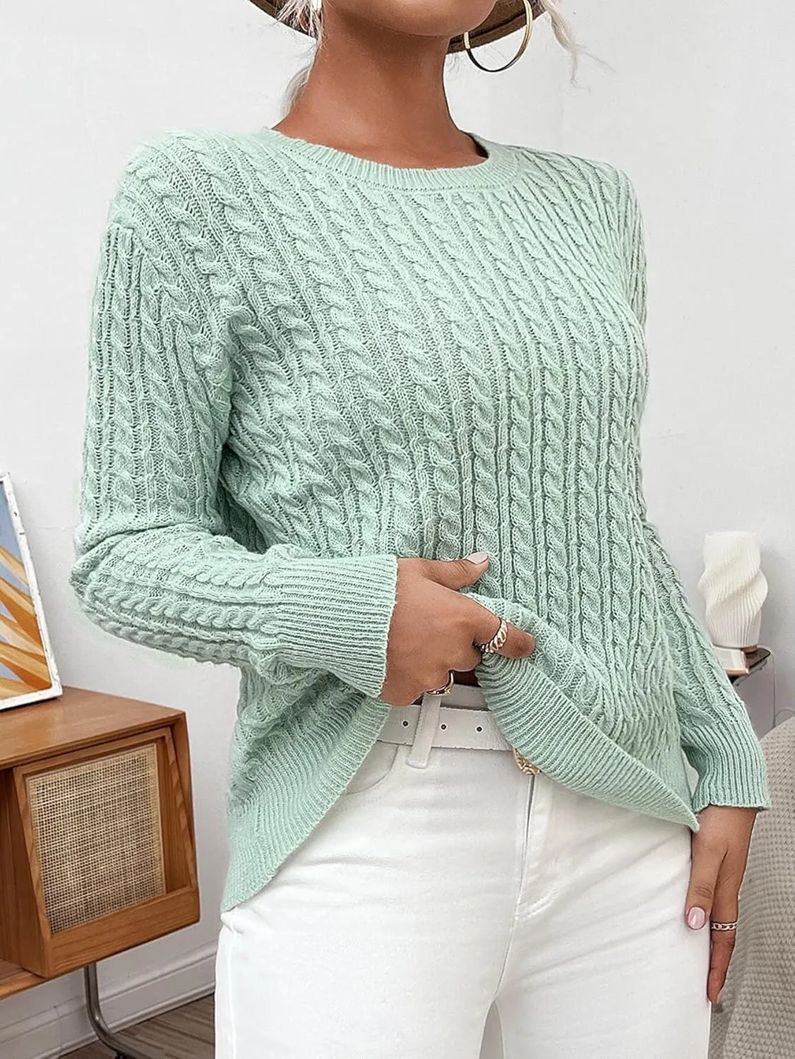 RFME Sweaters for Women Solid Cable Knit Sweater Sweaters (Color : Mint Green, Size : Medium)