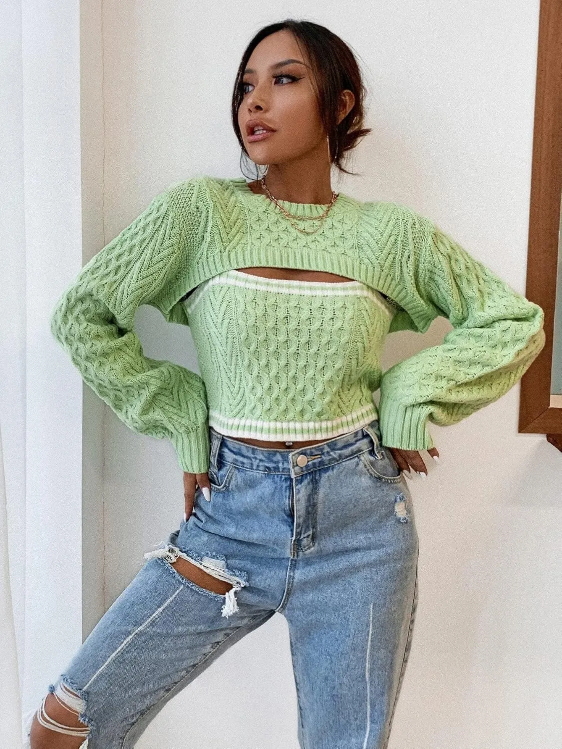 RFME Sweaters for Women Stripe Cable Knit 2 in 1 Sweater Sweaters (Color : Lime Green, Size : Medium)