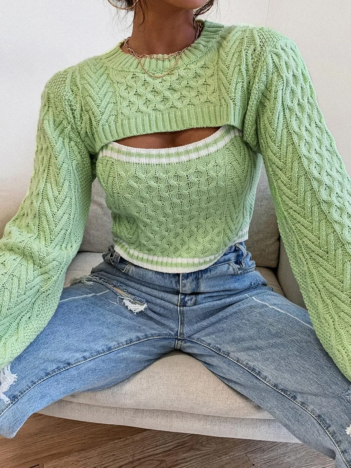 RFME Sweaters for Women Stripe Cable Knit 2 in 1 Sweater Sweaters (Color : Lime Green, Size : Medium)