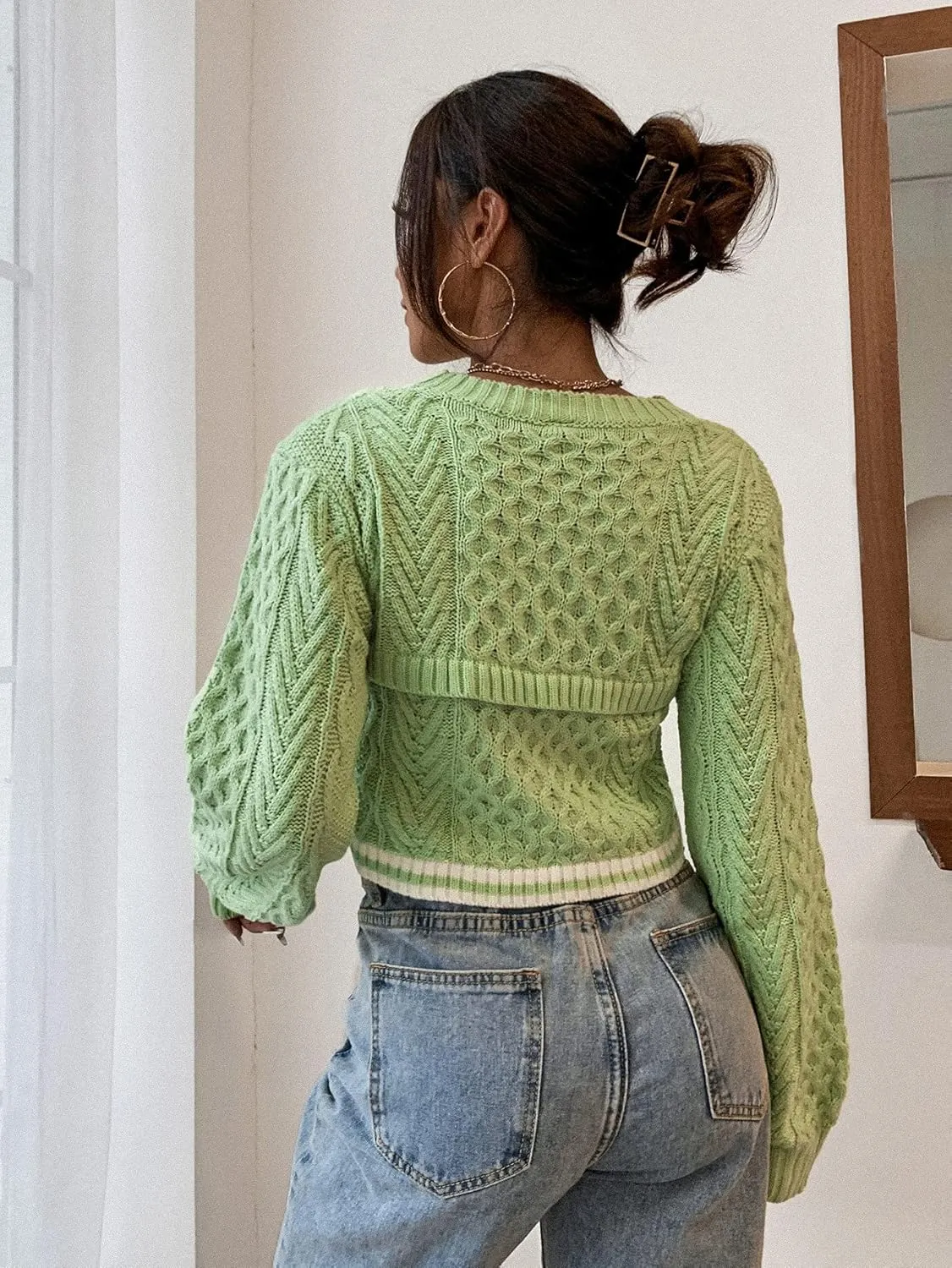 RFME Sweaters for Women Stripe Cable Knit 2 in 1 Sweater Sweaters (Color : Lime Green, Size : Medium)