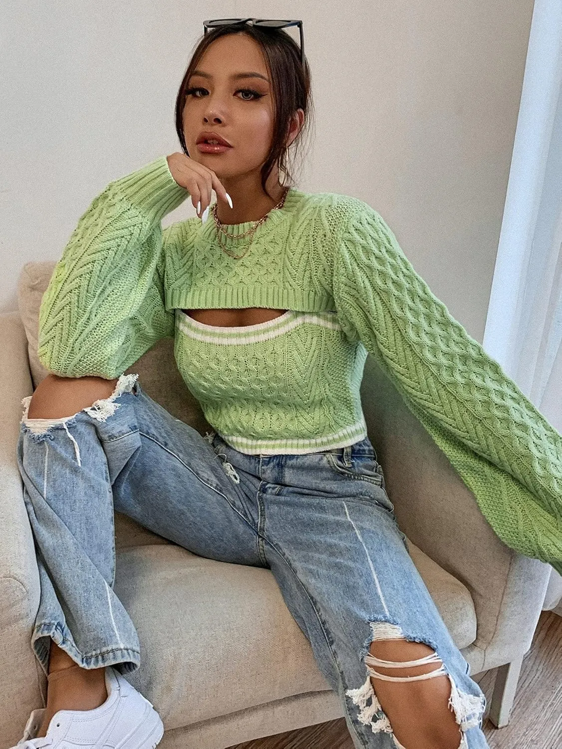 RFME Sweaters for Women Stripe Cable Knit 2 in 1 Sweater Sweaters (Color : Lime Green, Size : Medium)