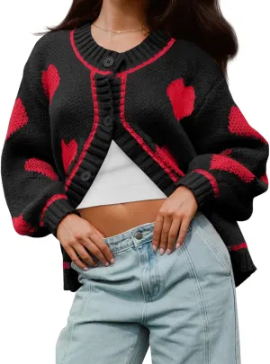 Saodimallsu Womens Cute Heart Cardigan Sweaters Chunky Knit Button Down Crewneck Long Sleeve Sweater Coat