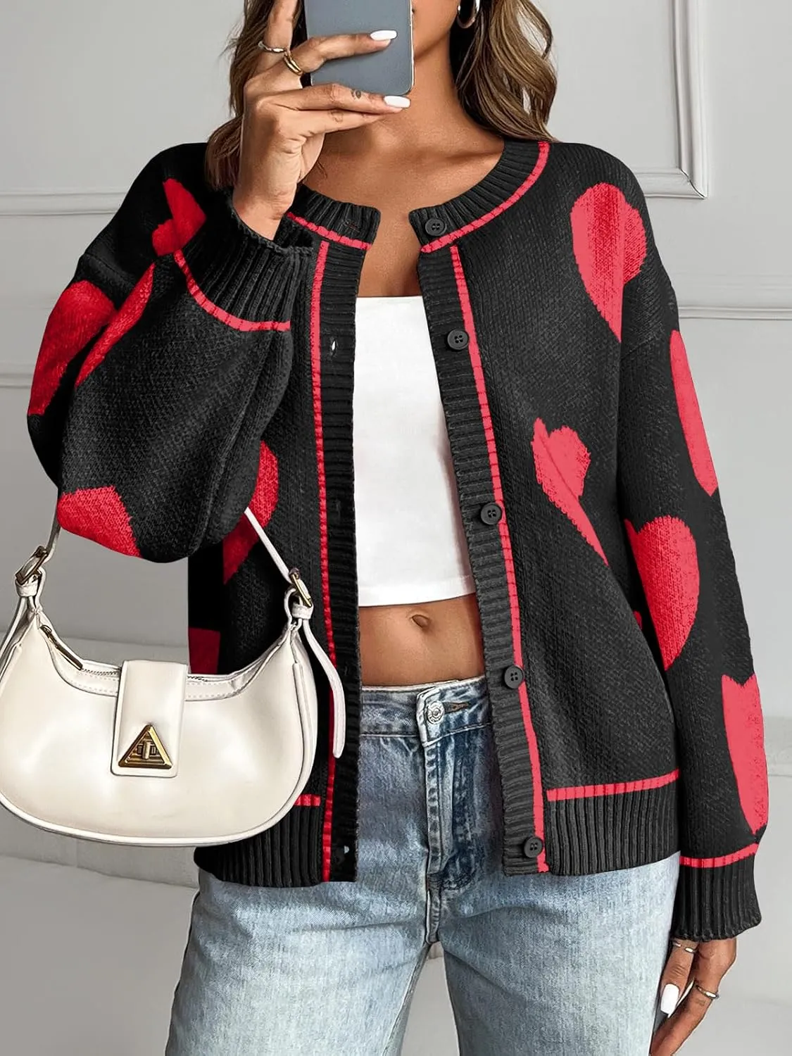 Saodimallsu Womens Cute Heart Cardigan Sweaters Chunky Knit Button Down Crewneck Long Sleeve Sweater Coat