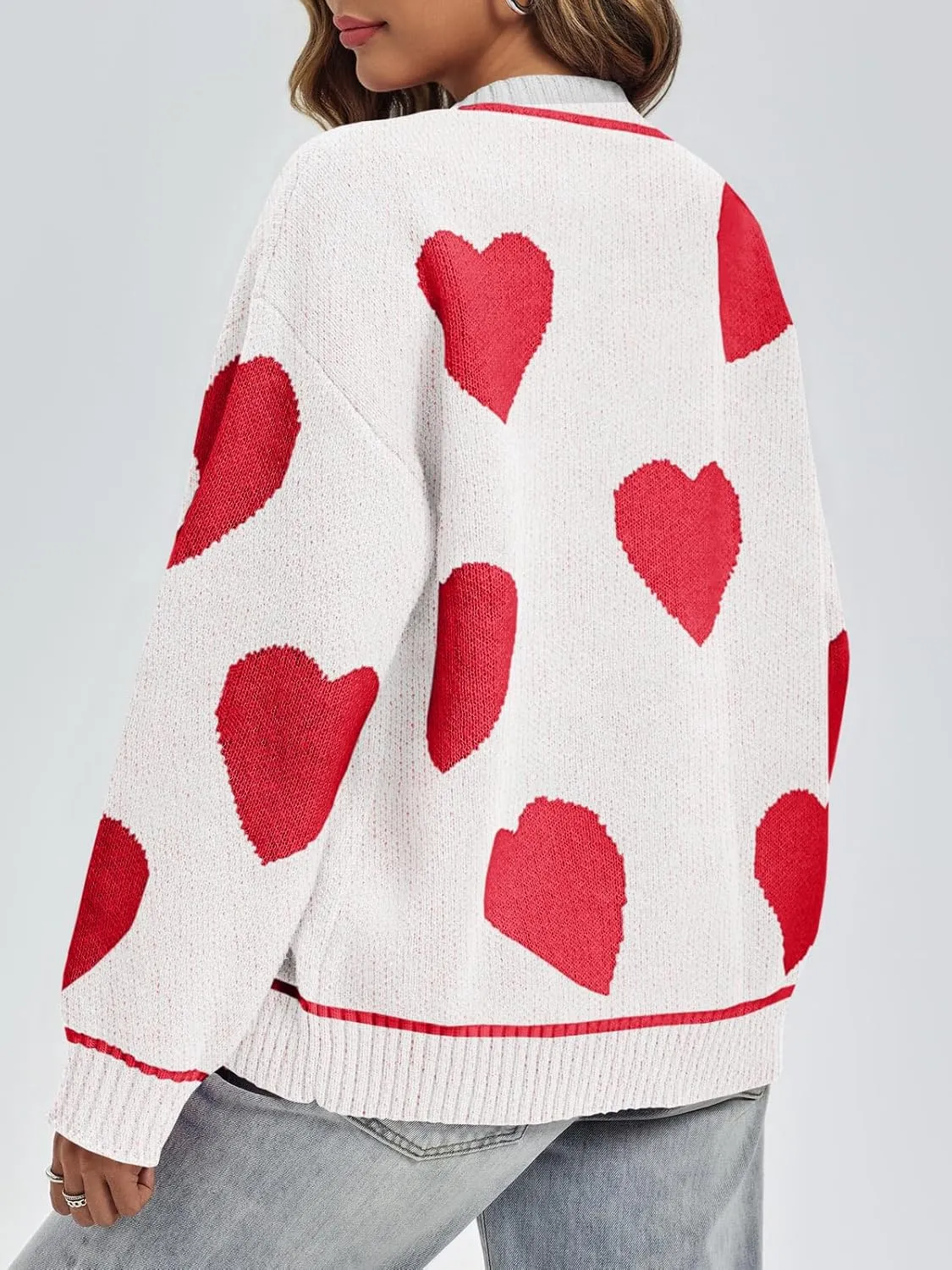 Saodimallsu Womens Cute Heart Cardigan Sweaters Chunky Knit Button Down Crewneck Long Sleeve Sweater Coat