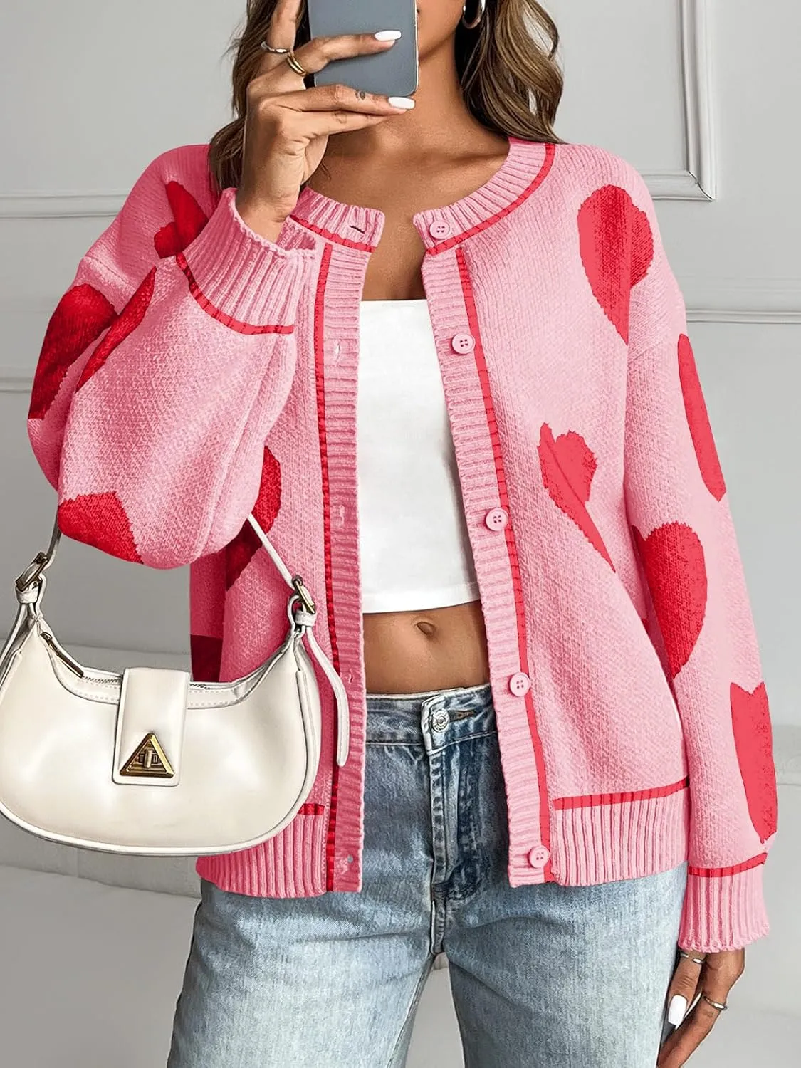 Saodimallsu Womens Cute Heart Cardigan Sweaters Chunky Knit Button Down Crewneck Long Sleeve Sweater Coat