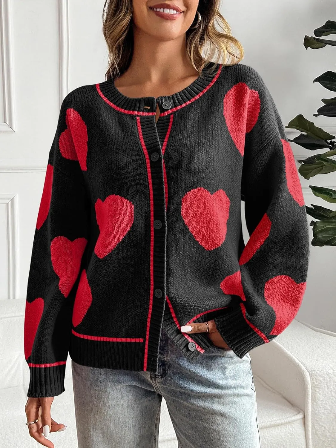 Saodimallsu Womens Cute Heart Cardigan Sweaters Chunky Knit Button Down Crewneck Long Sleeve Sweater Coat