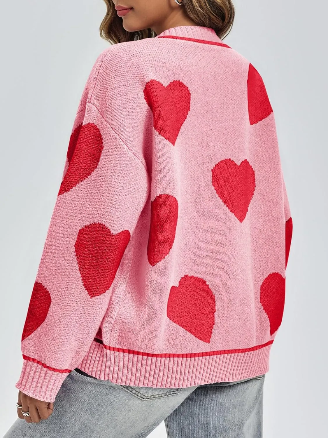 Saodimallsu Womens Cute Heart Cardigan Sweaters Chunky Knit Button Down Crewneck Long Sleeve Sweater Coat