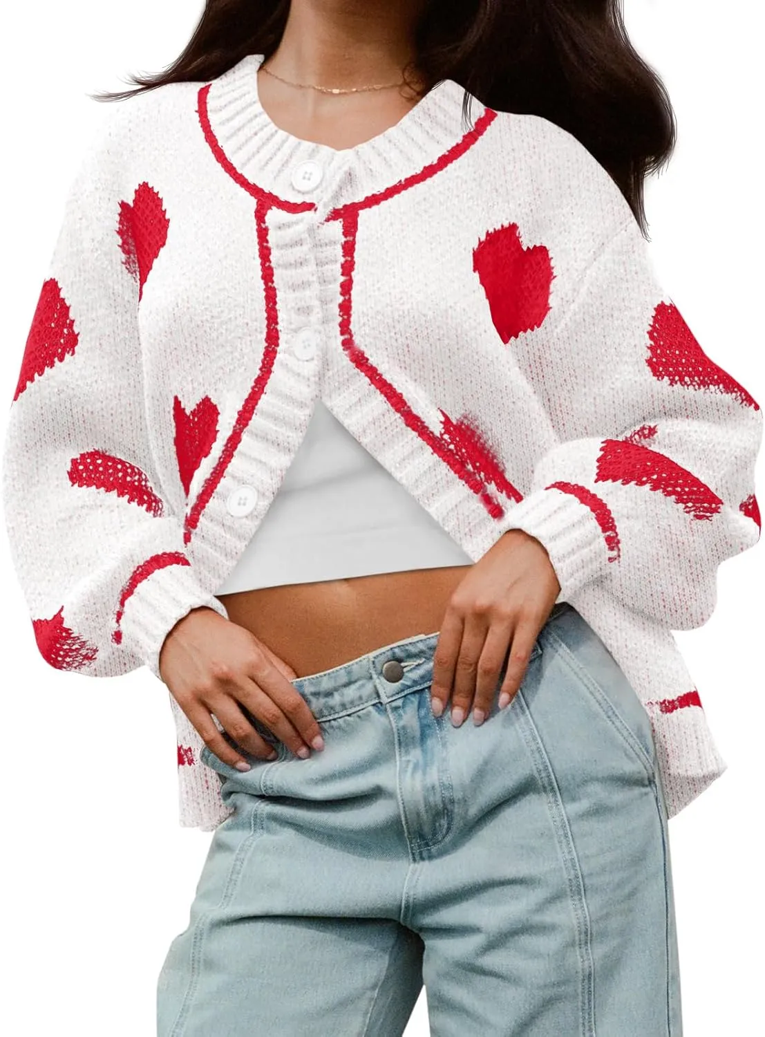 Saodimallsu Womens Cute Heart Cardigan Sweaters Chunky Knit Button Down Crewneck Long Sleeve Sweater Coat