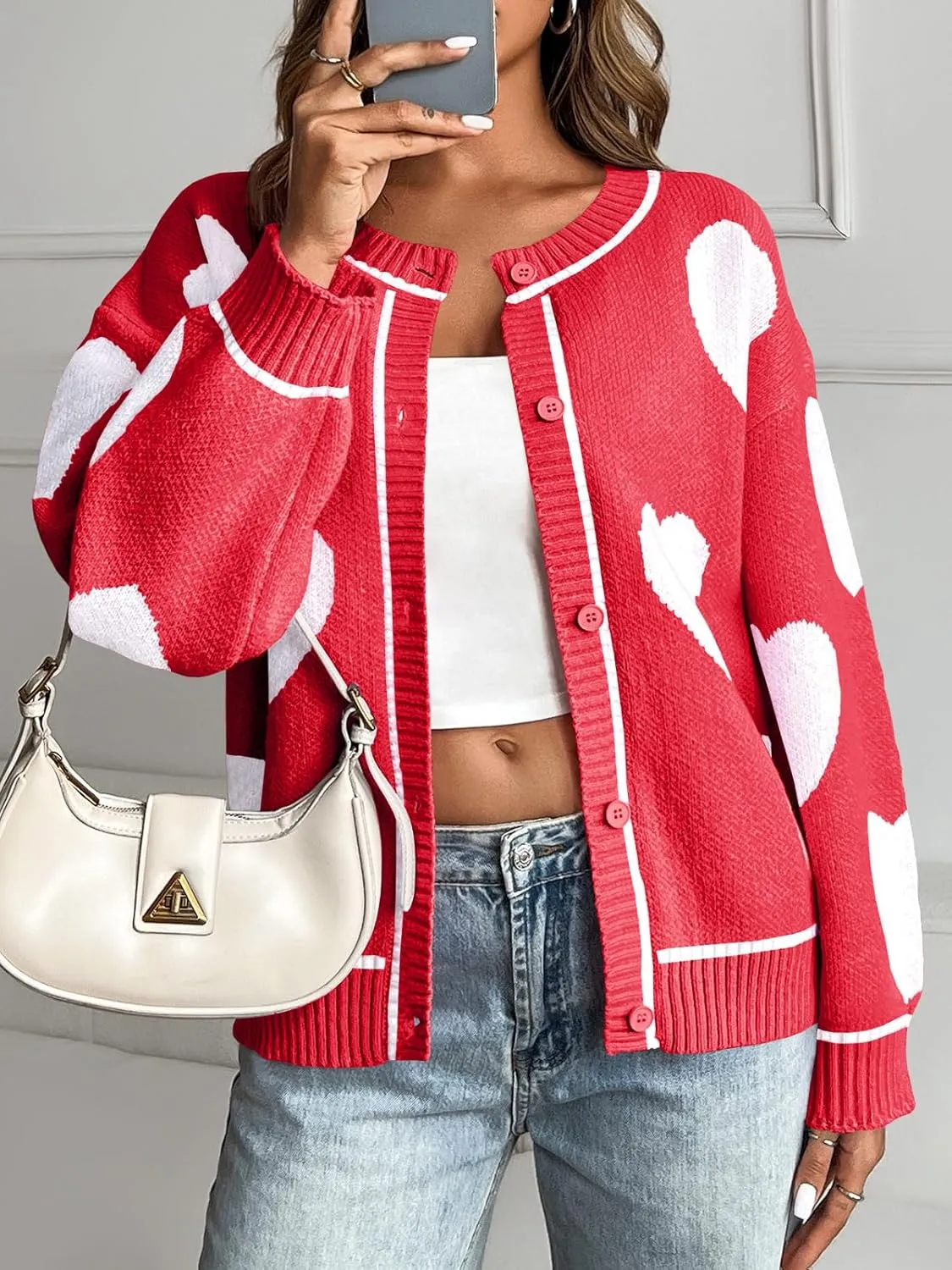Saodimallsu Womens Cute Heart Cardigan Sweaters Chunky Knit Button Down Crewneck Long Sleeve Sweater Coat
