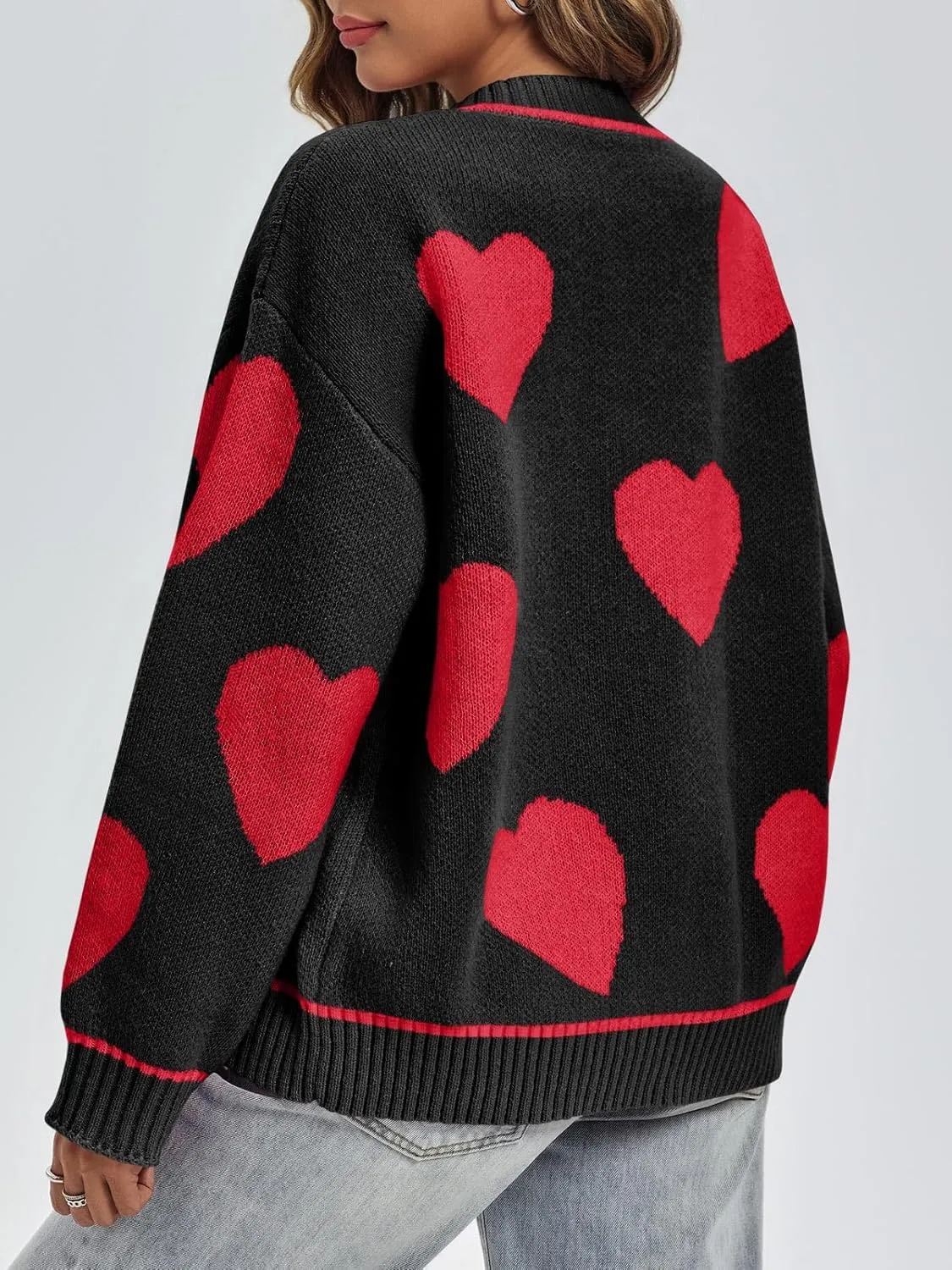 Saodimallsu Womens Cute Heart Cardigan Sweaters Chunky Knit Button Down Crewneck Long Sleeve Sweater Coat