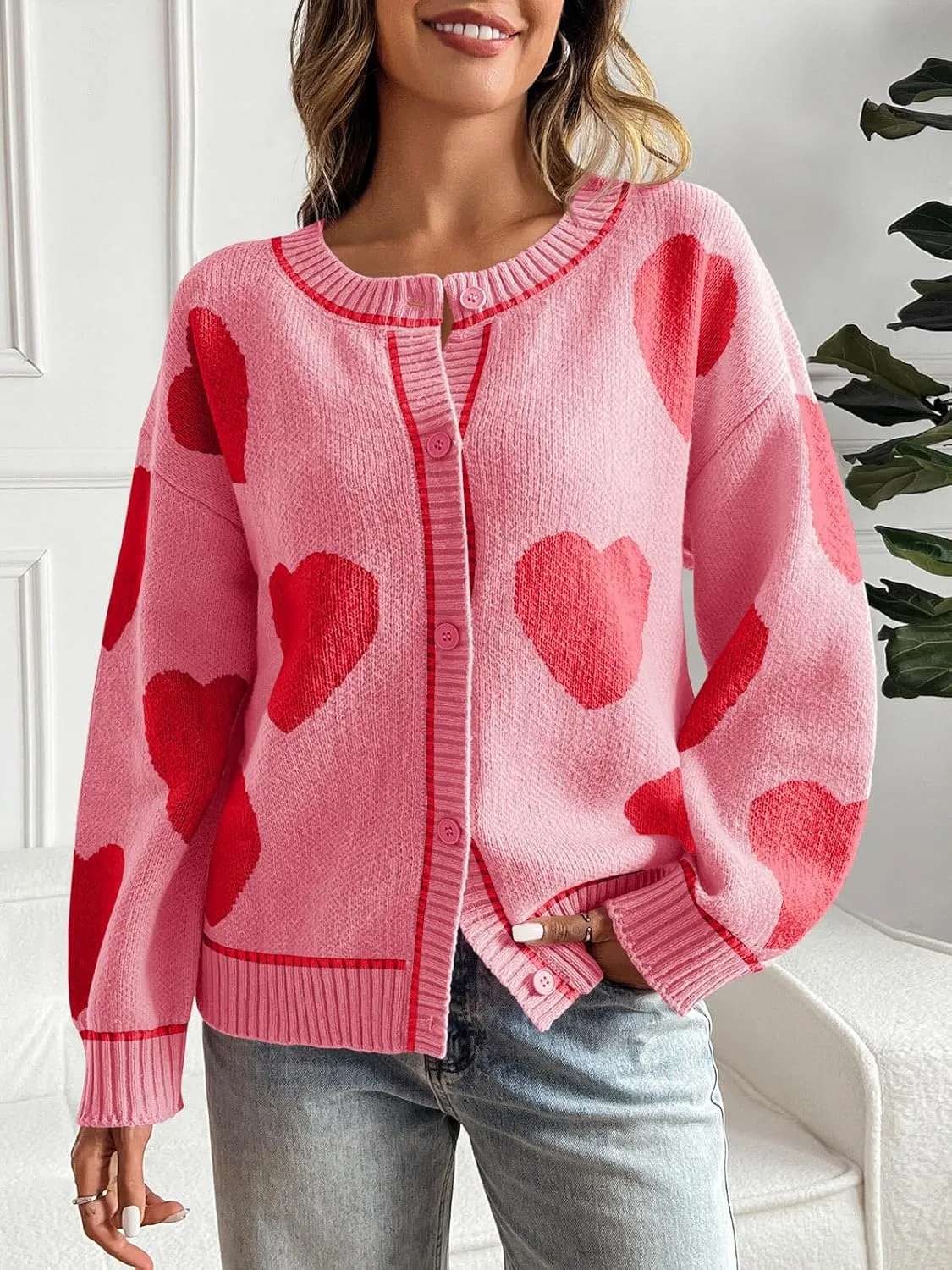 Saodimallsu Womens Cute Heart Cardigan Sweaters Chunky Knit Button Down Crewneck Long Sleeve Sweater Coat