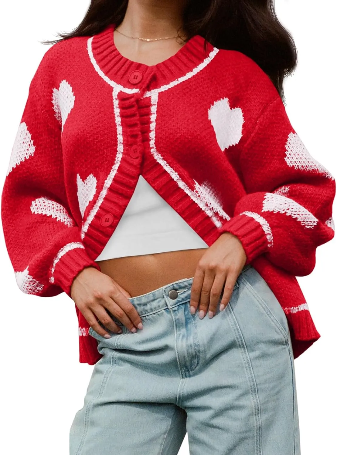 Saodimallsu Womens Cute Heart Cardigan Sweaters Chunky Knit Button Down Crewneck Long Sleeve Sweater Coat